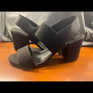 Black faux suede block slip on heeled sandals